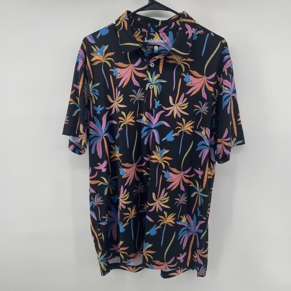 Chubbies Polo Shirt Mens Large Black Tropical Palm Tree Parrot Stretch Jersey